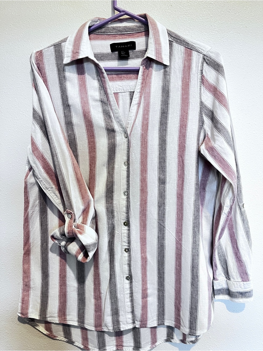 Tahari Women’s Striped Button Down Shirt Roll Tab Sleeves Pink Gray Ivory Sz S